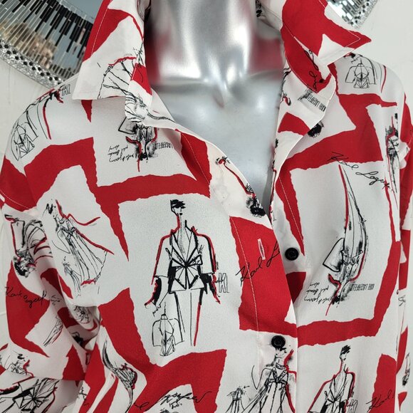 NWOT~$89~KARL LAGERFELD~S/M/L~OVERSIZED RED WHITE BLACK BLOUSE SHIRT TOP - Picture 11 of 16